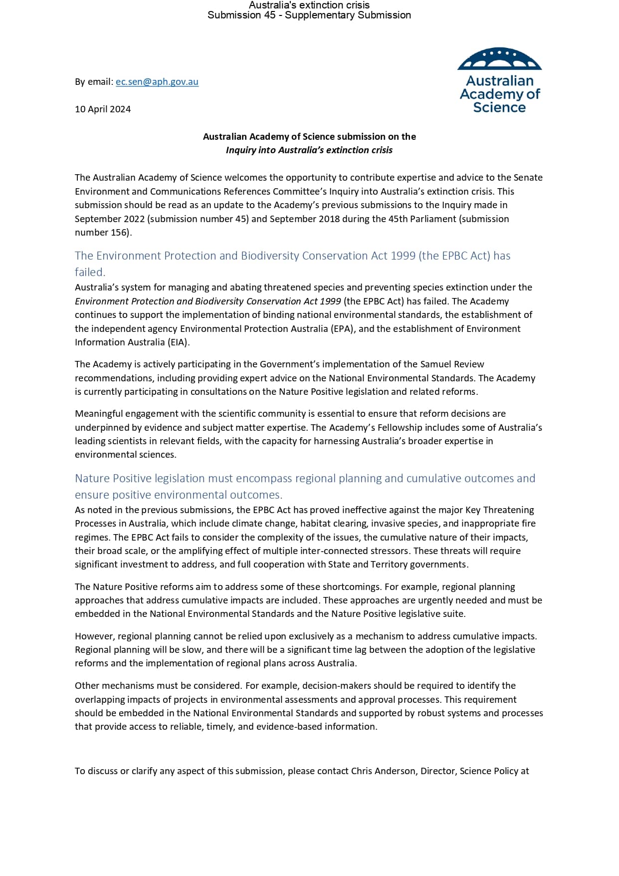 Submission—Inquiry into Australia’s Faunal Extinction Crisis